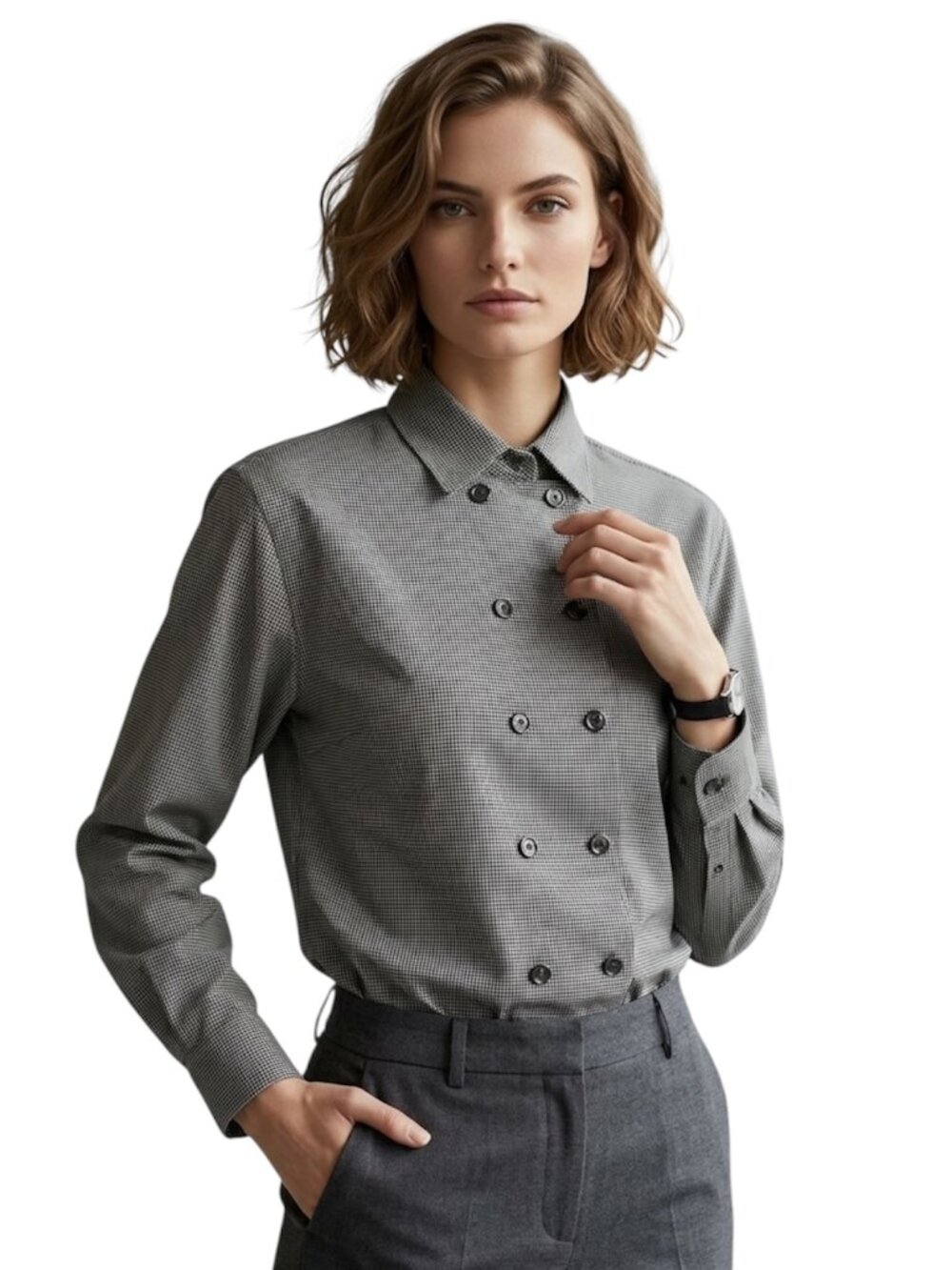 Barneys New York double-breasted long-sleeve button-up shirt Size 6 Houndstooth